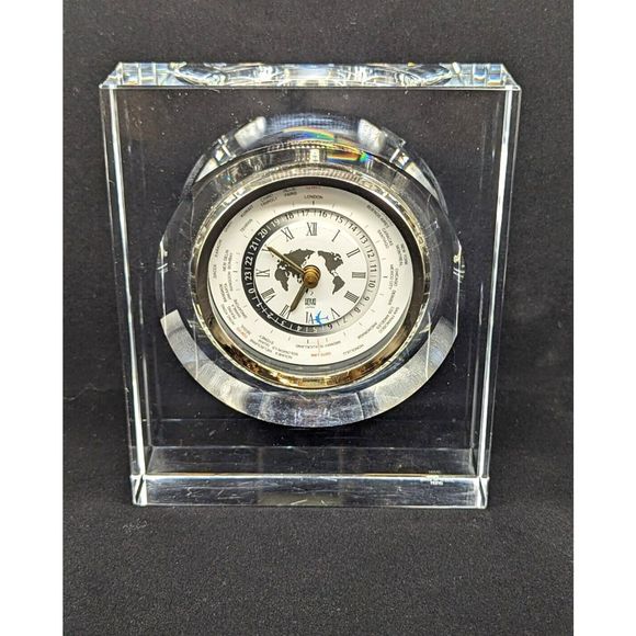 Vtg Hoya Crystal Museum Vertical World Clock Executive Desk Mantle Japan Travel - Picture 1 of 11